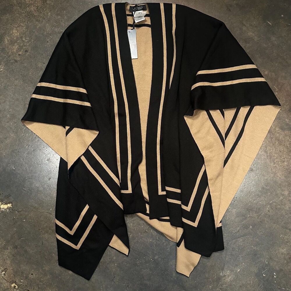 NWT Ralph Lauren Cardigan Wrap Poncho Cape Sweater Womens OS Black Tan Striped